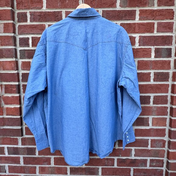 VTG Wrangler Denim Pearl Snap Shirt Mens XXL Blue Flap Pockets Western Cowboy - Picture 2 of 12
